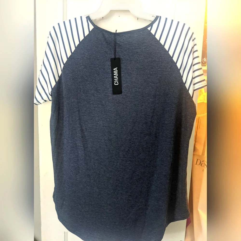 Chama Plus Size Basic Striped Short Sleeve Top - Picture 6 of 6